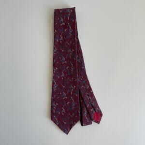 Mens Tie 100% Silk Necktie Red Blue Abstract Bird Feather Print Italy Modern Fit